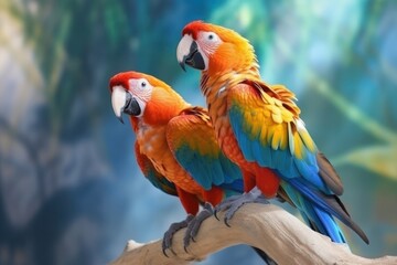 Two vivid and colorful Ara Parrot birds sitting together. Generative AI