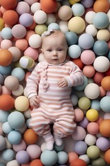 Fototapeta na wymiar Baby in a colorful pastel spheres. Toys, gentle soft. Generated AI.