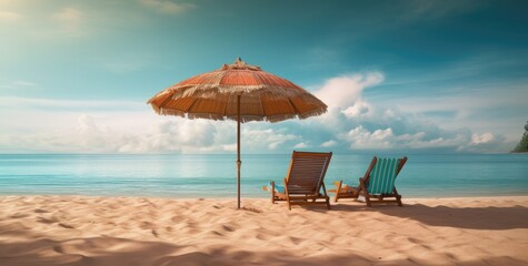 Chairs and umbrella at luxury palm beach. Tropical holiday banner with ocean or sea created with Generative AI technology