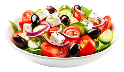 Greek salad in plate isolated on transparent background. PNG format