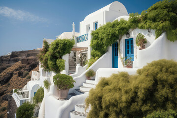 Mediterranean style white elegant house exterior with sea view, and blooming plant climbing a wall. Modern europe architecture. Italian villa. Generative AI, human enhanced