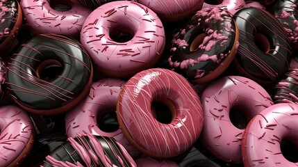 Donuts with pink chocolate glaze, stacked close-up. AI Generative.