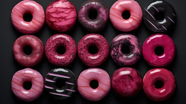 Still lfe, pink donuts with chocolate. 