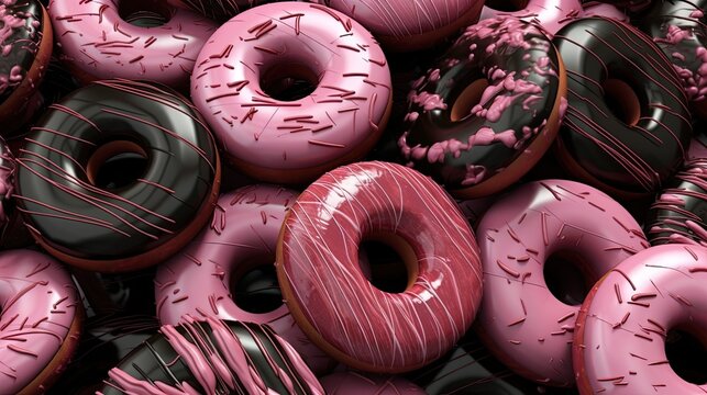 Donuts with pink chocolate glaze, stacked close-up. AI Generative.
