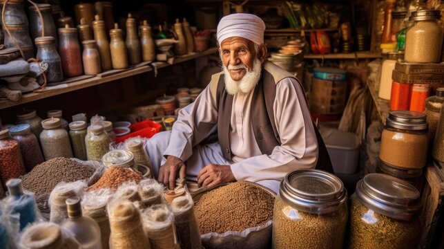 Aged arab man selling spices in the street market, Ai Generative.