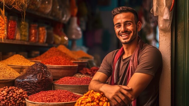 Young arab man smiling and selling spices in the street market, Ai Generative.