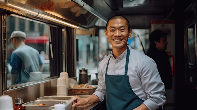 Young asian man smiling inside the food truck, AI Generative.