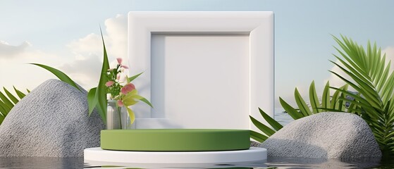 podium display with tropical plant and stone on water background, Cosmetics or beauty product promotion mockup 3d rendering