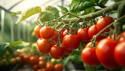 Ripe juicy red tomatoes in the greenhouse