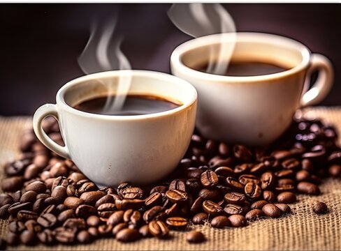 Cups of coffee and beans on blurred background created with Generative AI technology