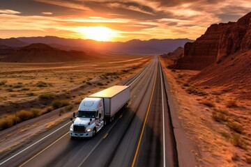 Majestic scene capturing a transport semi-truck effortlessly crossing the expansive terrain of the southwest United States, a representation of logistics, freight, and delivery, generative ai