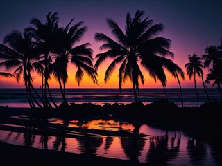 Obraz na płótnie Canvas Abstract futuristic sunset lit up with neon beach. ai generative