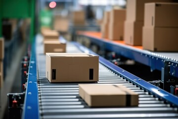 Closeup of multiple cardboard box packages seamlessly moving along a conveyor belt in a warehouse fulfillment center, a snapshot of e-commerce, delivery, automation, and products, generative ai - obrazy, fototapety, plakaty