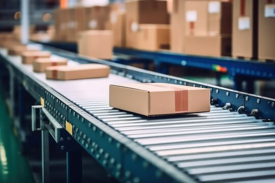 Closeup of multiple cardboard box packages seamlessly moving along a conveyor belt in a warehouse fulfillment center, a snapshot of e-commerce, delivery, automation, and products, generative ai