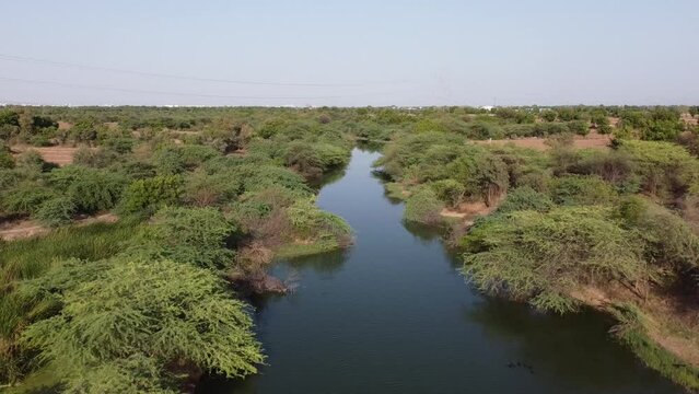 drone view of the Indian village river with bird and bridge stock footage