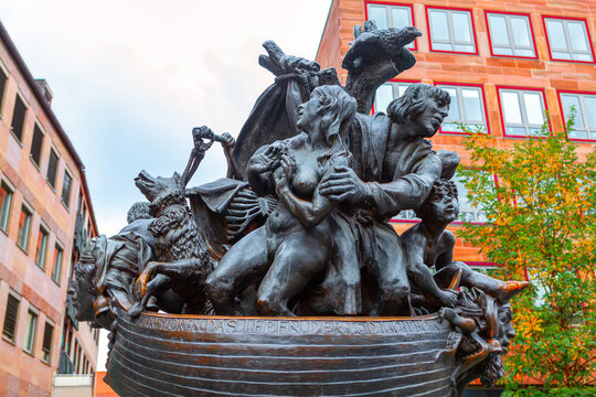 Ship of Fools sculpture based in Nuremberg . Narrenschiff statue in Nuremberg city center