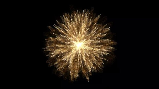 4K Explosion Gold effect. Festive Fireworks. Isolated on black background. Floating golden sparkles. Glowing Particles. Overlay. 60 fps