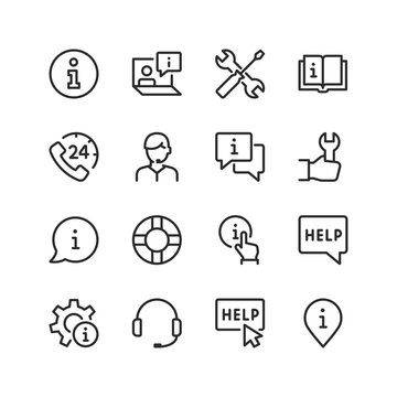 Information support, linear style icons set. Useful information, advice on an issue. Source of knowledge, experience. Willingness to help. Editable stroke width