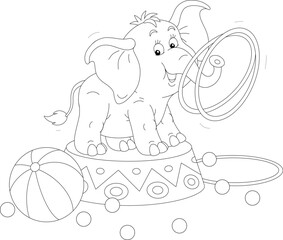 Funny baby elephant on a decorated pedestal performing tricks with rings and balls in a merry circus show, black and white outline vector cartoon illustration for a coloring book