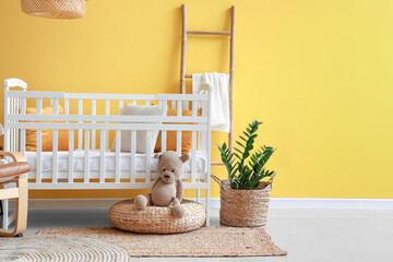 Interior of stylish bedroom with baby crib and ladder - obrazy, fototapety, plakaty