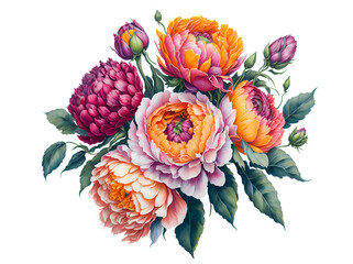 Bright bouquet of peony blossom flowers in watercolor style on a white background generative ai