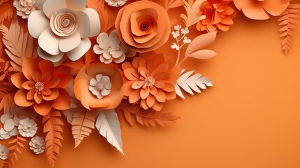 Generative AI, Paper cut craft flowers and leaves, apricot crush orange color, origami textured background, spring mood. Floral frame layout..