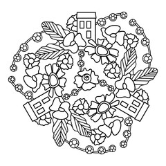 Houses and flowers. Coloring book page. Mandala. Vector illustration