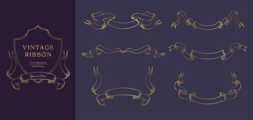 Gold line vintage ribbons vector illustration set. Hand drawn line art for wedding design.