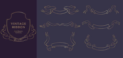 Gold line vintage ribbons vector illustration set. Hand drawn line art for wedding design.