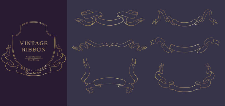 Gold line vintage ribbons vector illustration set. Hand drawn line art for wedding design.