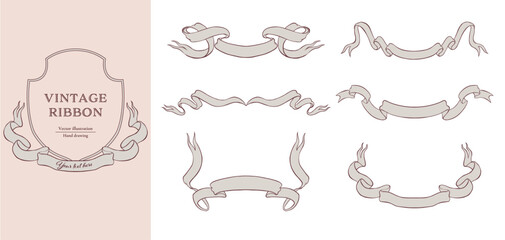 Vintage style ribbon's vector illustration set. Hand drawn line art for wedding design.