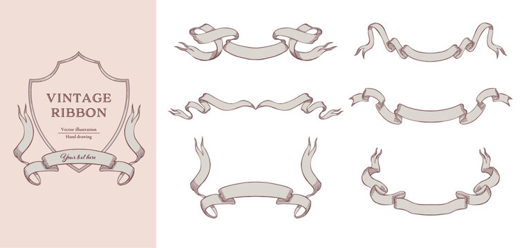 Vintage style ribbon's vector illustration set. Hand drawn line art for wedding design.