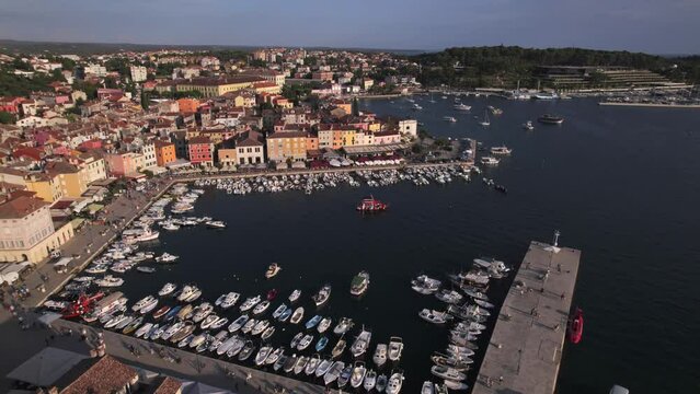 Aerial panoramic drone view of town and tourist destination of Rovinj on the Istrian peninsula, waterfront and the old town on a sunny day, Rovinj, Istria Region