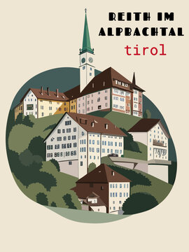 Reith im Alpbachtal: Beautiful vintage-styled poster with an Austrian cityscape with the name Reith im Alpbachtal in Tirol