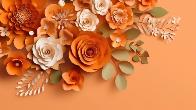 Generative AI, Paper cut craft flowers and leaves, apricot crush orange color, origami textured background, spring mood. Floral frame layout..