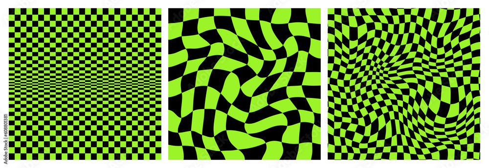Leinwandbilder Warp Checkerboard Seamless Patterns Set. Vector Psychedelic Checker Grid Background. Black and Green Waved Bg with Squares. Abstract Geometric Texture