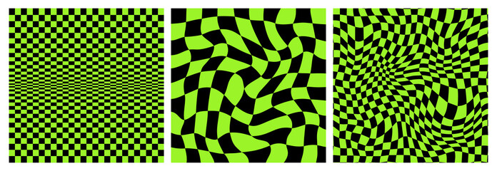 Warp Checkerboard Seamless Patterns Set. Vector Psychedelic Checker Grid Background. Black and Green Waved Bg with Squares. Abstract Geometric Texture - obrazy, fototapety, plakaty