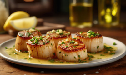 Close up of pan seared fresh sea scallops - Powered by Adobe