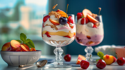 Ice cream dessert with fruits created with genertive AI.