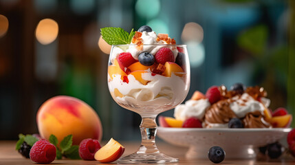 Ice cream dessert with fruits created with genertive AI.