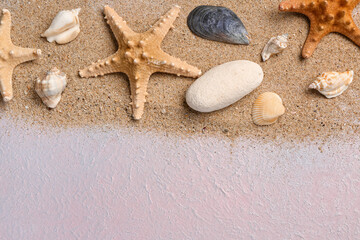 Fototapeta na wymiar Seashells and starfishes with sand on lilac background