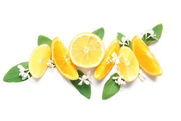Delicious ripe lemons and flowering branches on white background
