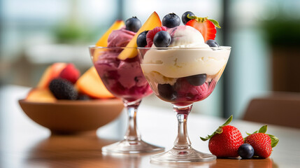 Ice cream dessert with fruits created with genertive AI.