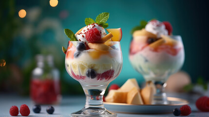 Ice cream dessert with fruits created with genertive AI.