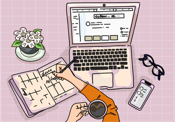 vector workplace at home laptop, glasses mobile phone, coffee, plant, hand drawn illustration