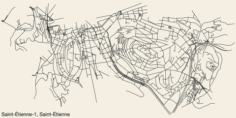 Naklejka premium Detailed hand-drawn navigational urban street roads map of the SAINT-ÉTIENNE-1 CANTON of the French city of SAINT-ÉTIENNE, France with vivid road lines and name tag on solid background