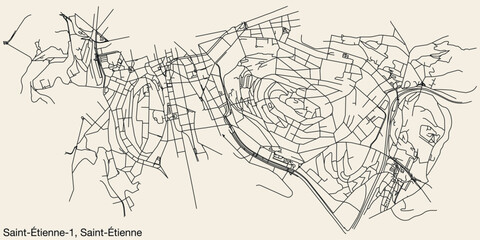 Detailed hand-drawn navigational urban street roads map of the SAINT-ÉTIENNE-1 CANTON of the French city of SAINT-ÉTIENNE, France with vivid road lines and name tag on solid background