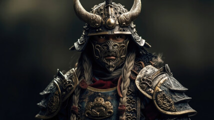 Male asian warrior portrait. Samurai in traditional armor. Created with Generative AI