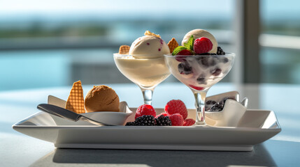 Ice cream dessert with fruits created with genertive AI.