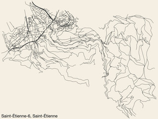 Detailed hand-drawn navigational urban street roads map of the SAINT-ÉTIENNE-6 CANTON of the French city of SAINT-ÉTIENNE, France with vivid road lines and name tag on solid background